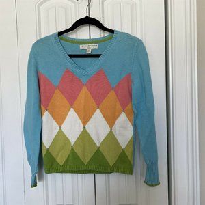 Tommy Hilfiger Pullover Sweater Colorblock Argyle Bling Petite Small V Neck